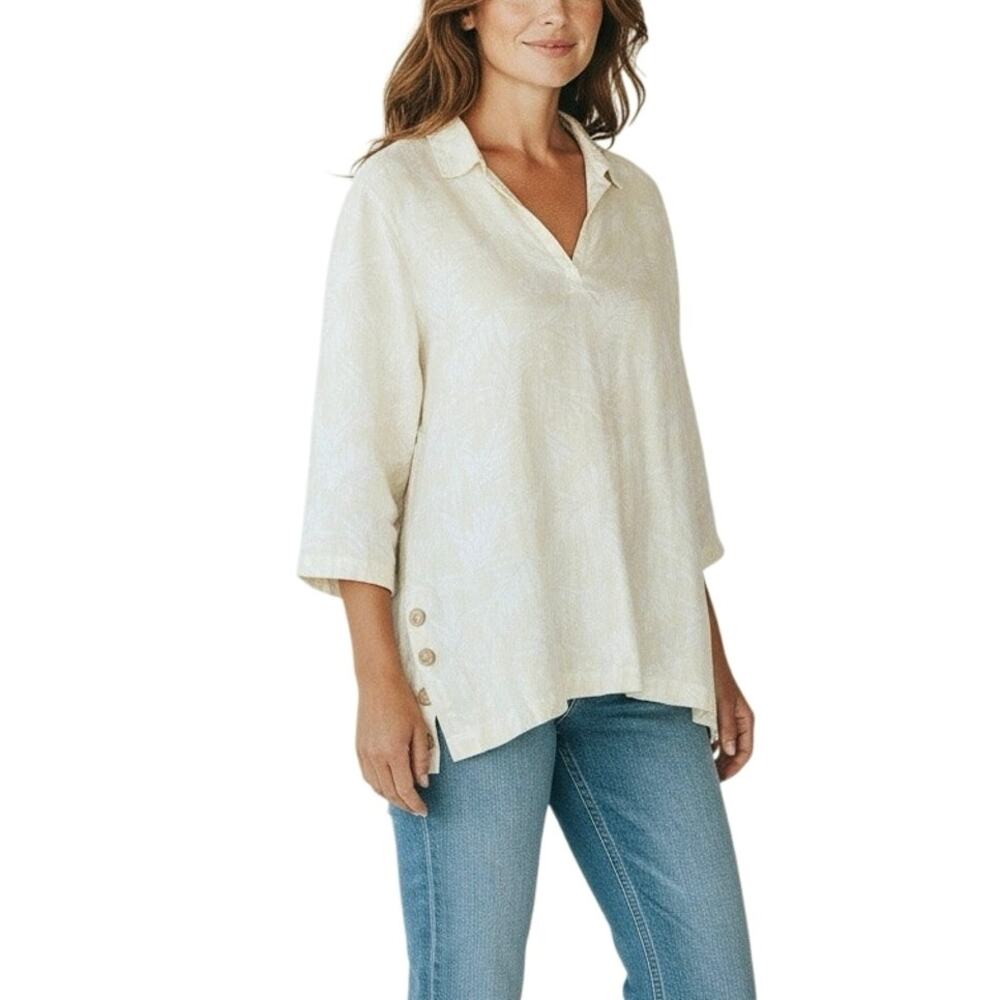 Tahari Palm Floral Linen Tunic Top - 1X